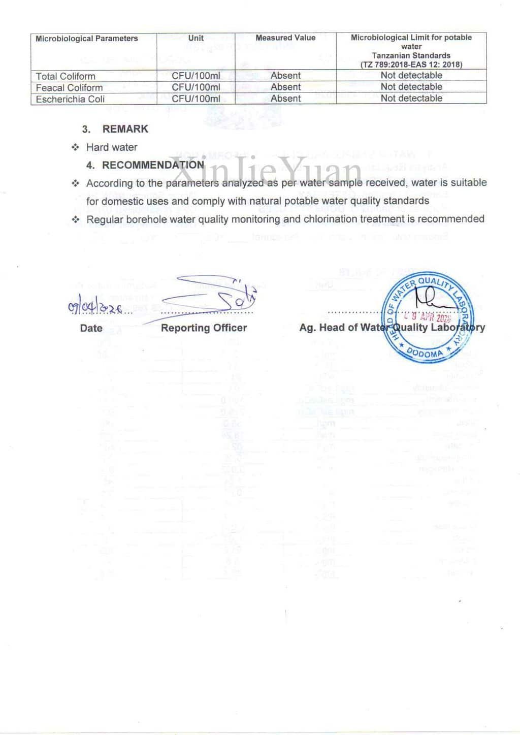 Фильтр системы обратного осмоса для грунтовых вод в Танзании 3 Отчет о качестве воды