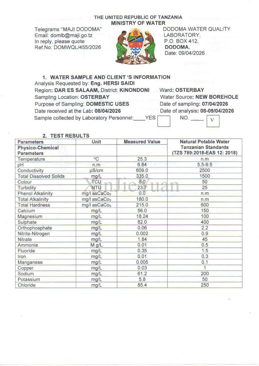 Фильтр системы обратного осмоса для грунтовых вод в Танзании 2 Отчет о качестве воды
